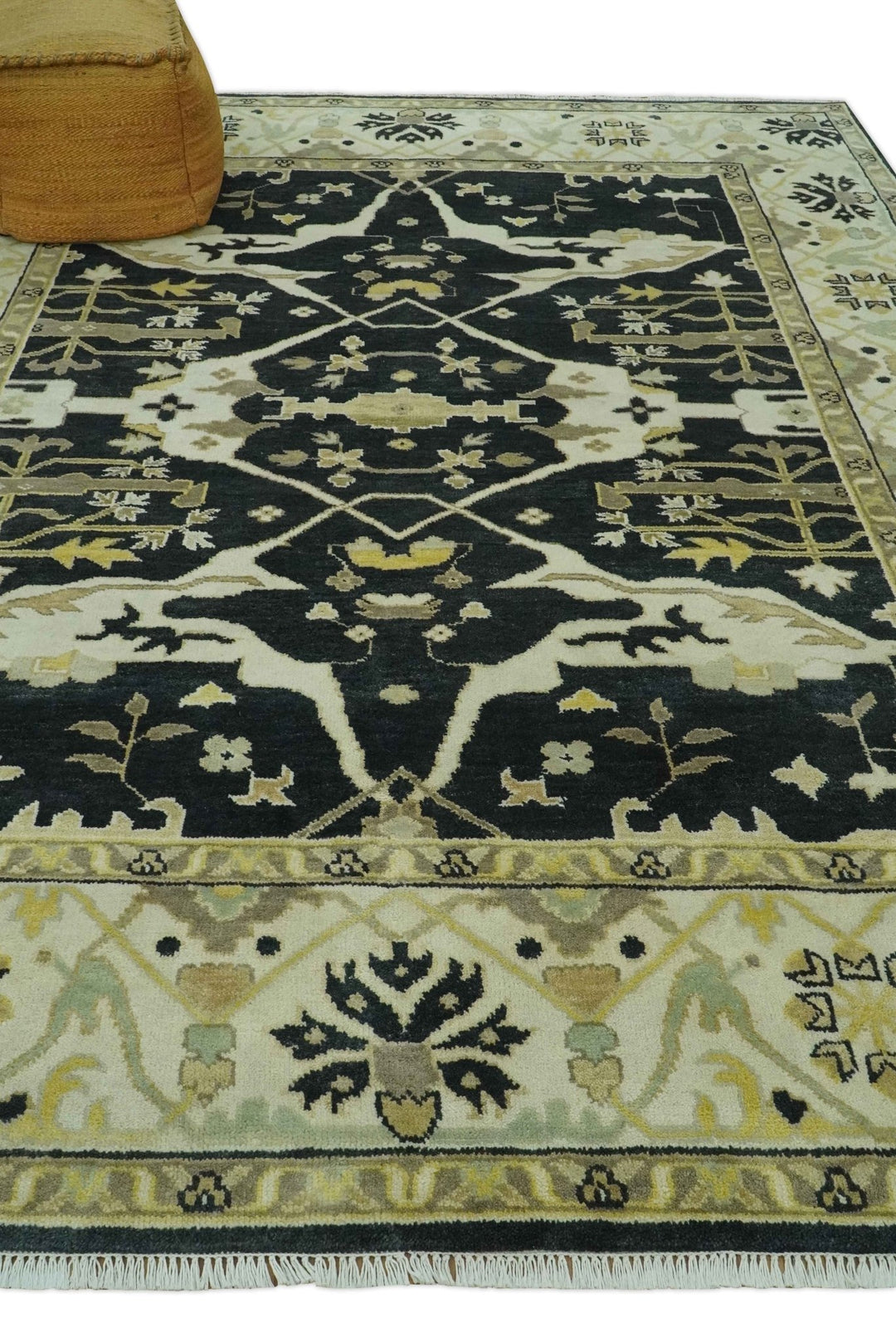 Hand Knotted Charcoal, Ivory and Olive Oriental Oushak 8x10 Wool Area Rug - The Rug Decor