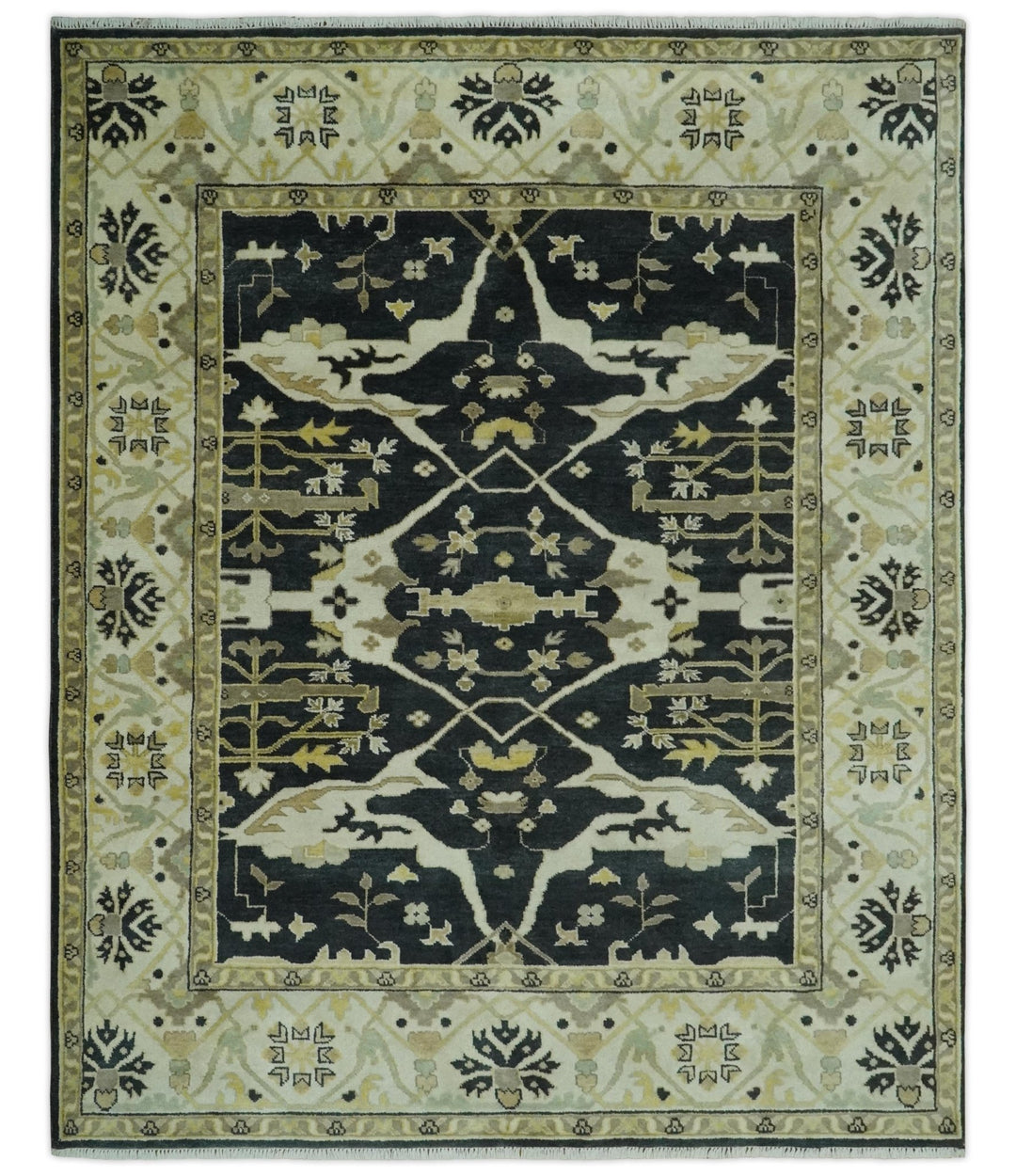 Hand Knotted Charcoal, Ivory and Olive Oriental Oushak 8x10 Wool Area Rug - The Rug Decor