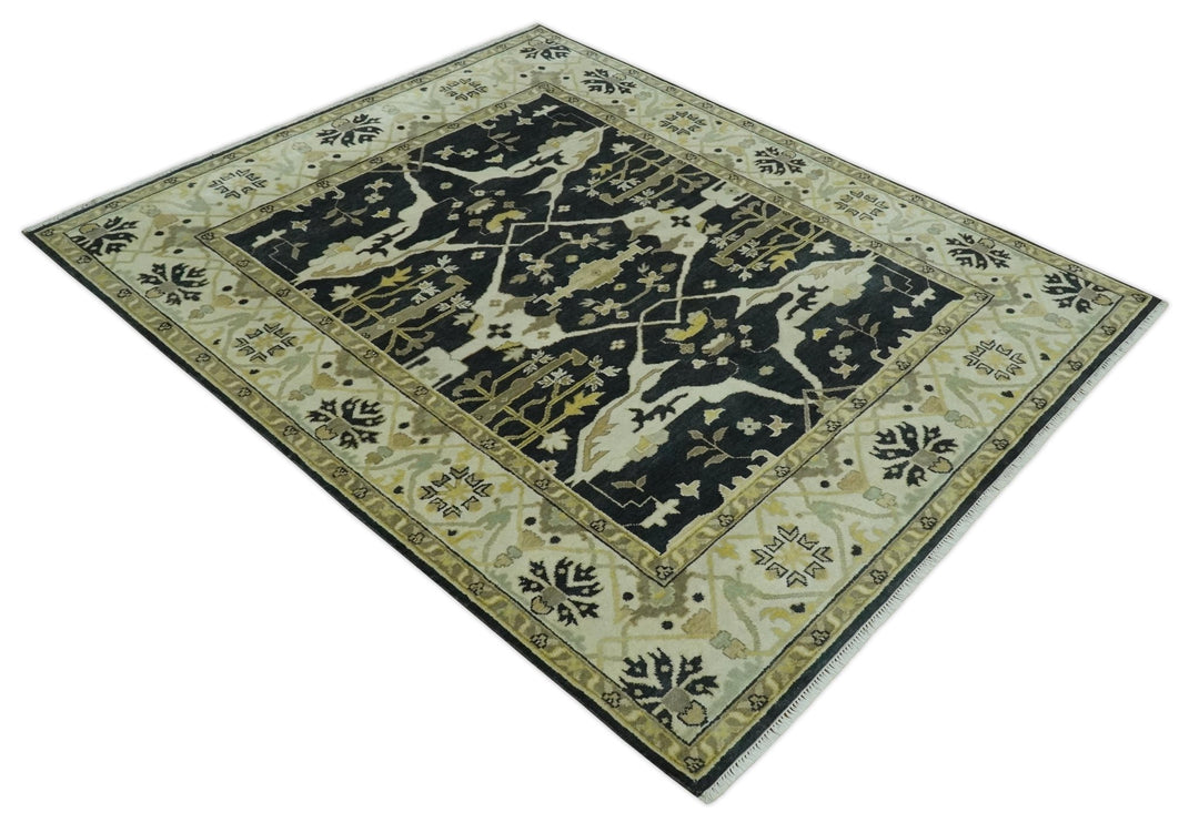 Hand Knotted Charcoal, Ivory and Olive Oriental Oushak 8x10 Wool Area Rug - The Rug Decor