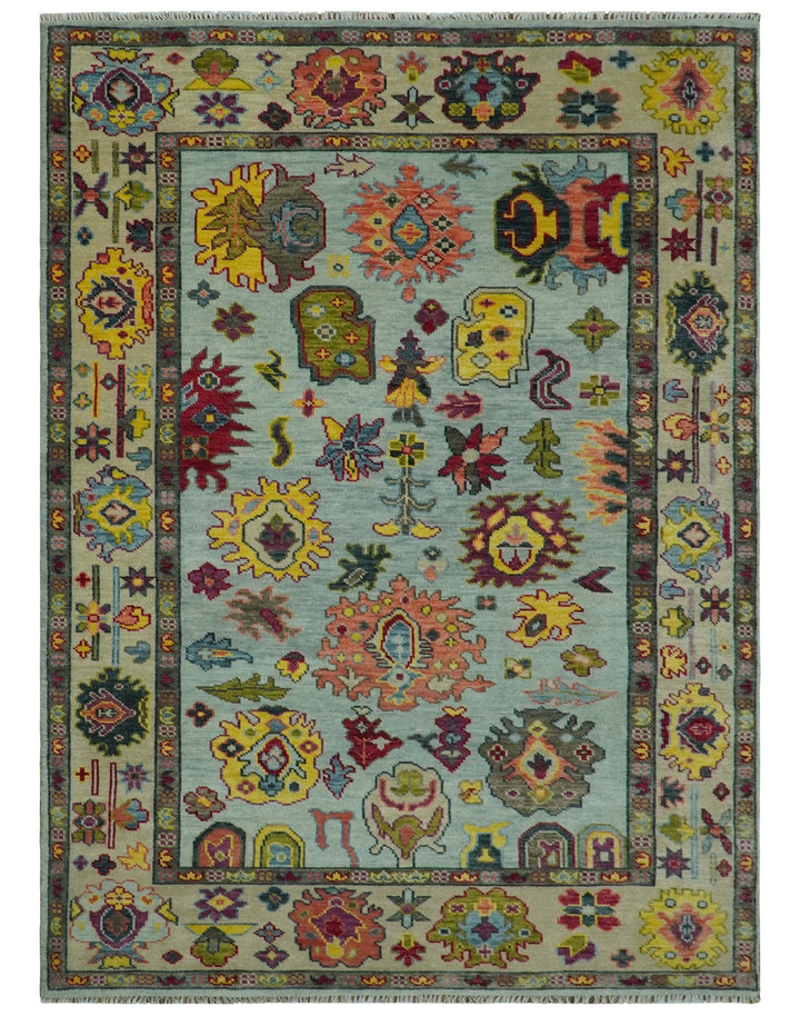 Hand Knotted Custom Made Blue and Beige Modern Oushak Wool Area Rug - The Rug Decor
