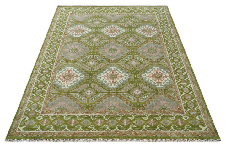Hand Knotted Green, Ivory and Silver Oriental Traditional Multi Size Wool Area Rug - The Rug Decor