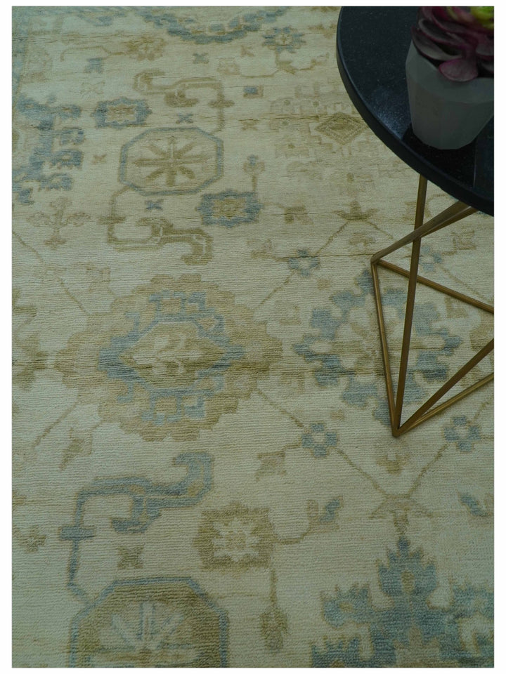 Hand Knotted Ivory And Blue Traditional Oushak Design 8x10 Wool Area Rug - The Rug Decor