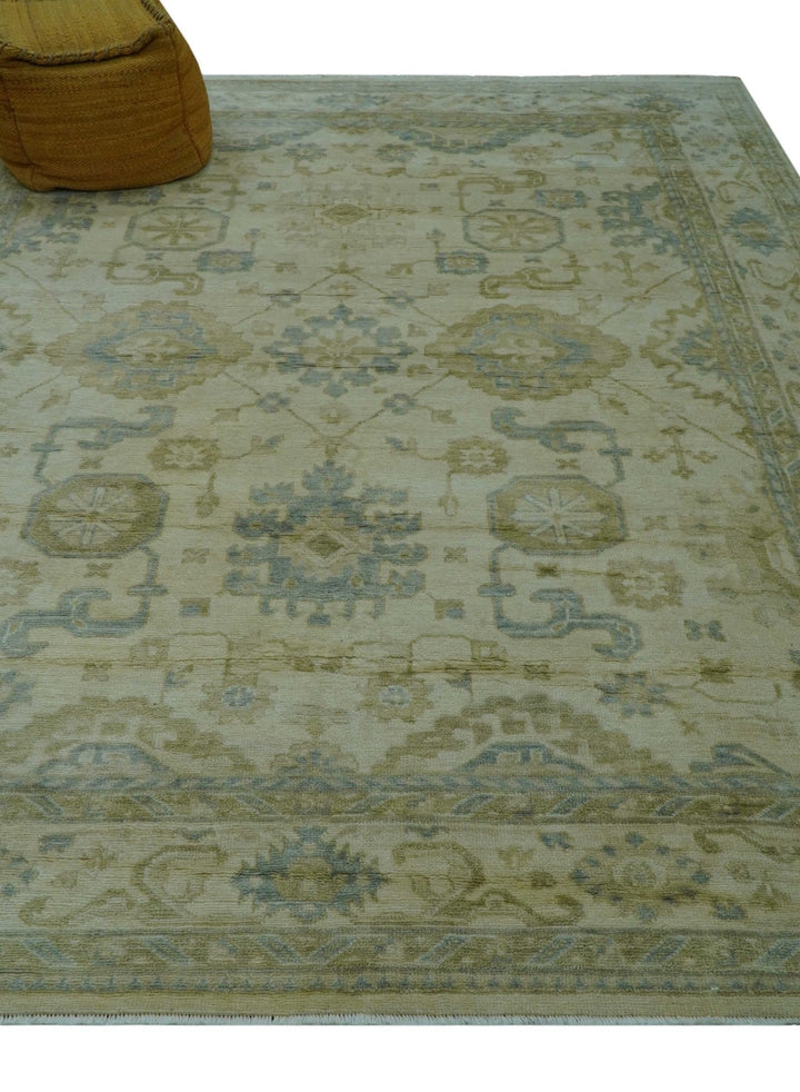 Hand Knotted Ivory And Blue Traditional Oushak Design 8x10 Wool Area Rug - The Rug Decor