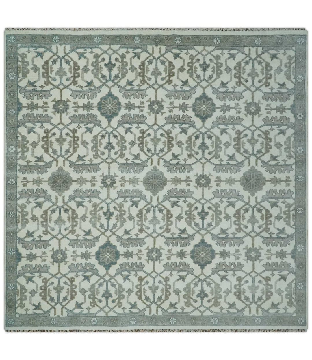 Hand Knotted Ivory and Teal 8x10 and 11x11 Square Oushak Wool Area Rug - The Rug Decor