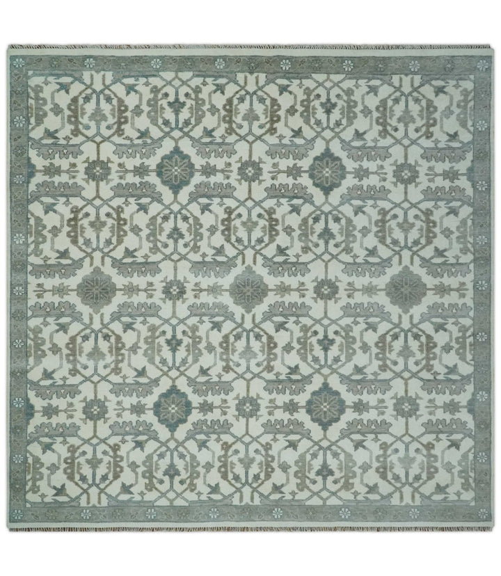 Hand Knotted Ivory and Teal 8x10 and 11x11 Square Oushak Wool Area Rug - The Rug Decor