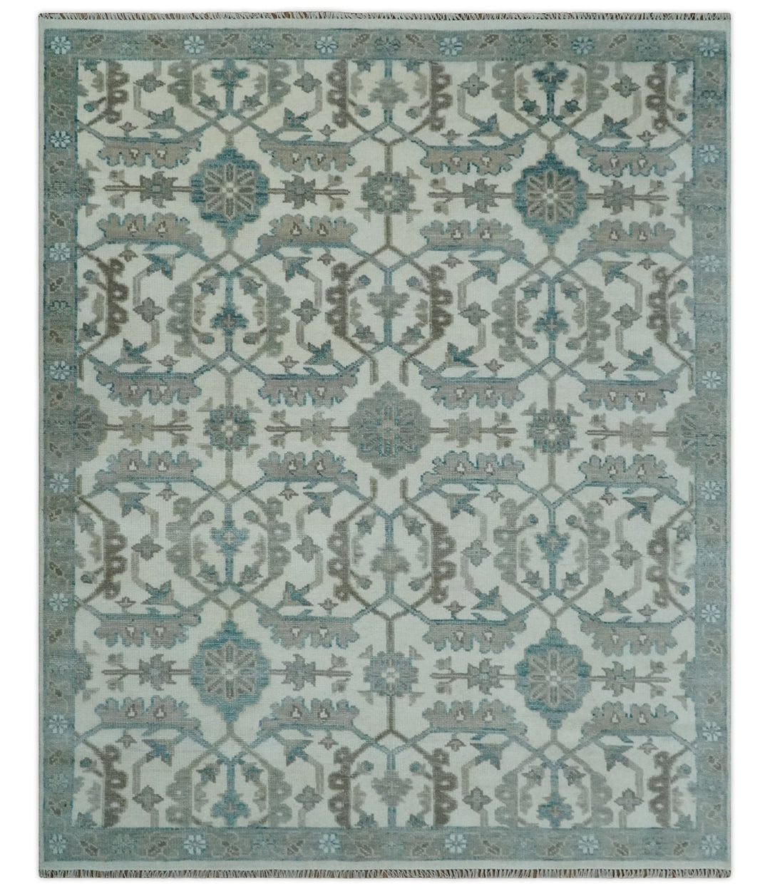 Hand Knotted Ivory and Teal 8x10 and 11x11 Square Oushak Wool Area Rug - The Rug Decor