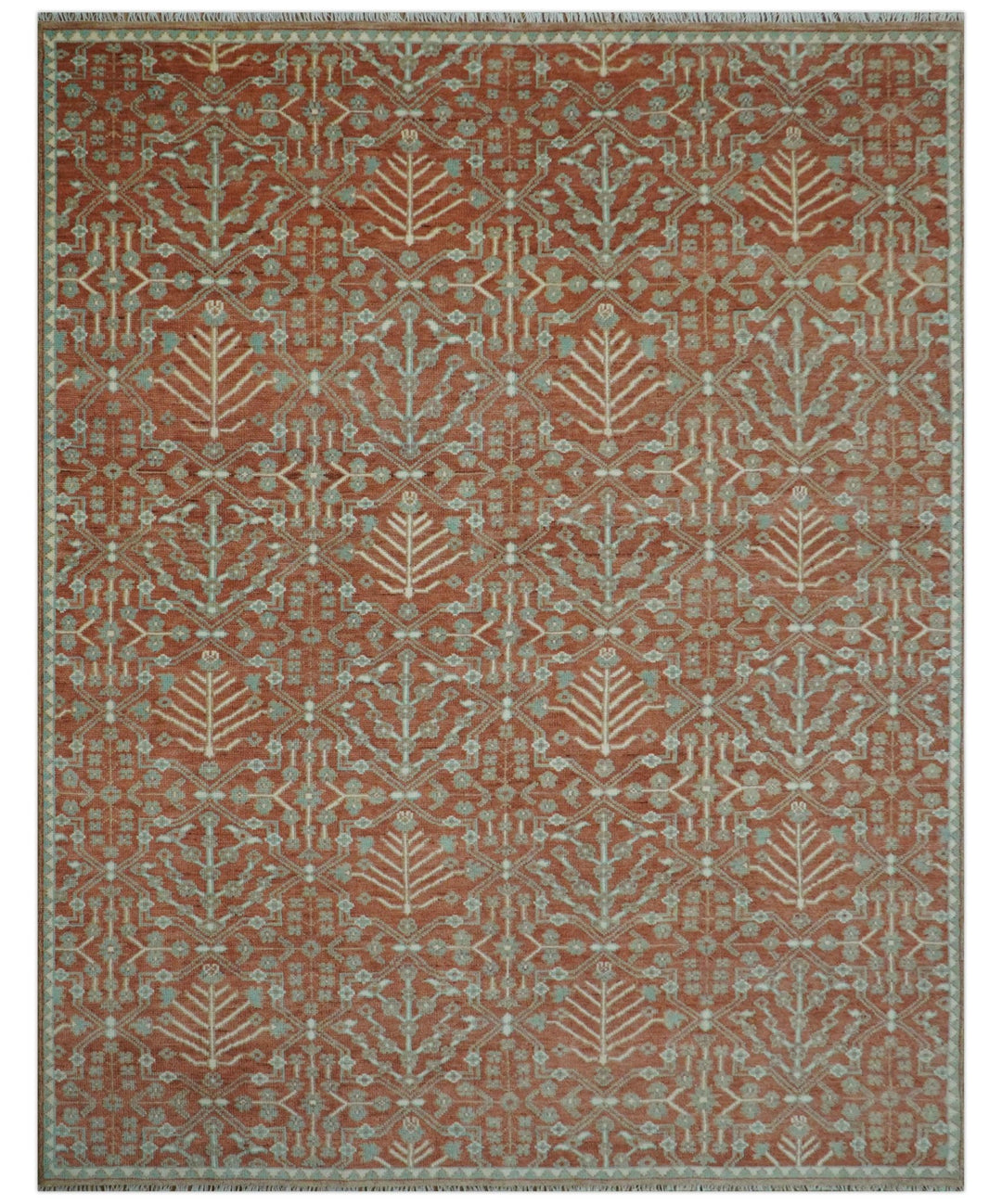 Hand knotted Multi Size Rust and Aqua Floral wool Area Rug - The Rug Decor