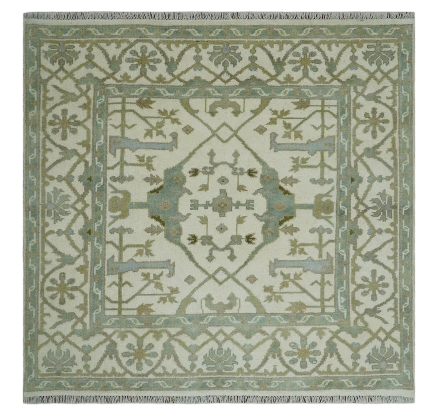 Hand Knotted Oriental Oushak Ivory and Teal Wool Area Rug - The Rug Decor
