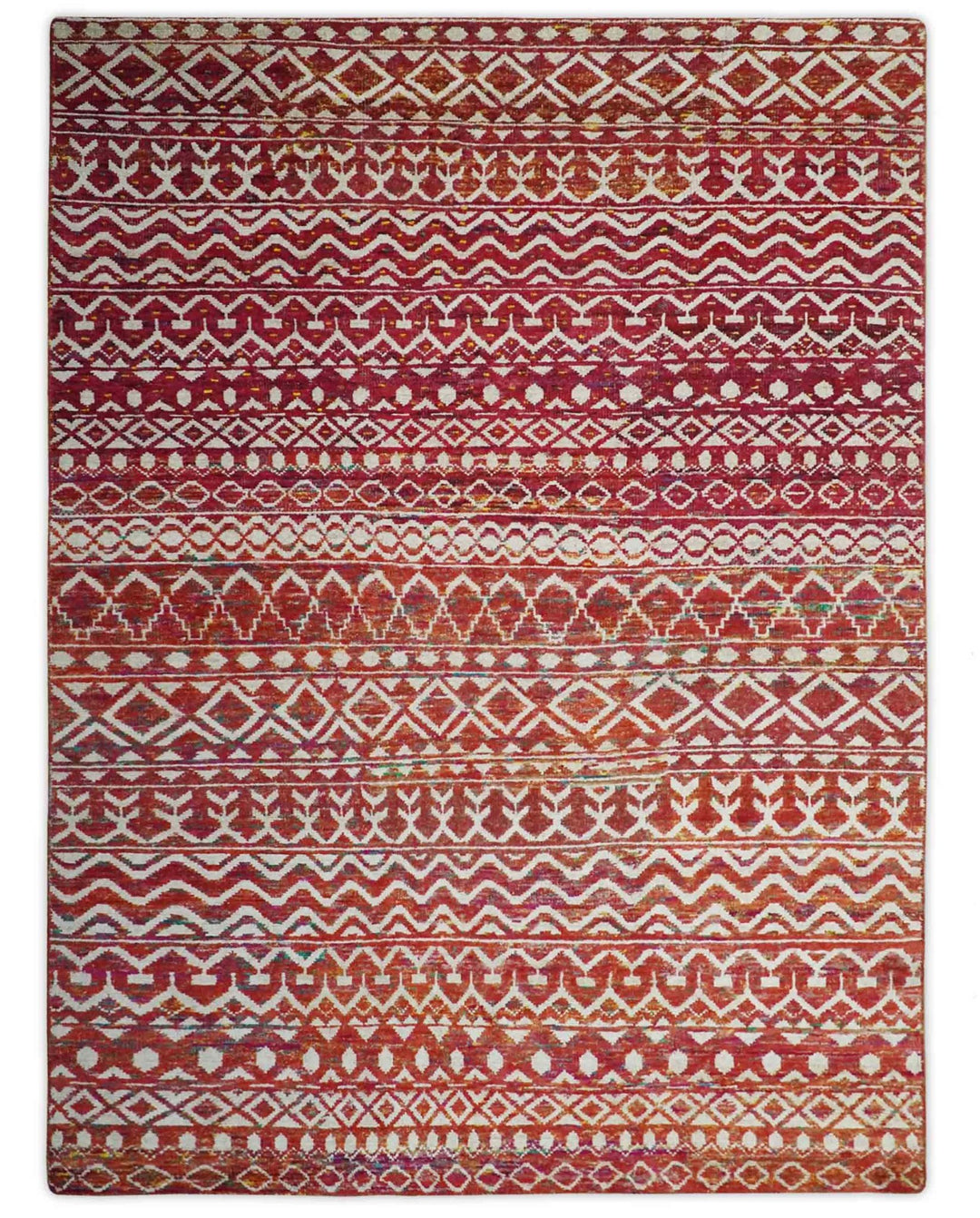 Hand Knotted Rust and Ivory Contemporary Southwestern Tribal Trellis Recycled Silk Rug - The Rug Decor