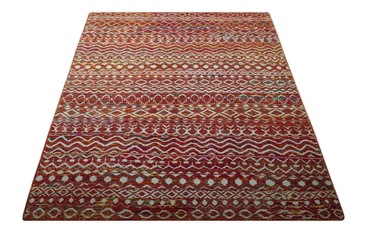 Hand Knotted Rust and Ivory Contemporary Southwestern Tribal Trellis Recycled Silk Rug - The Rug Decor