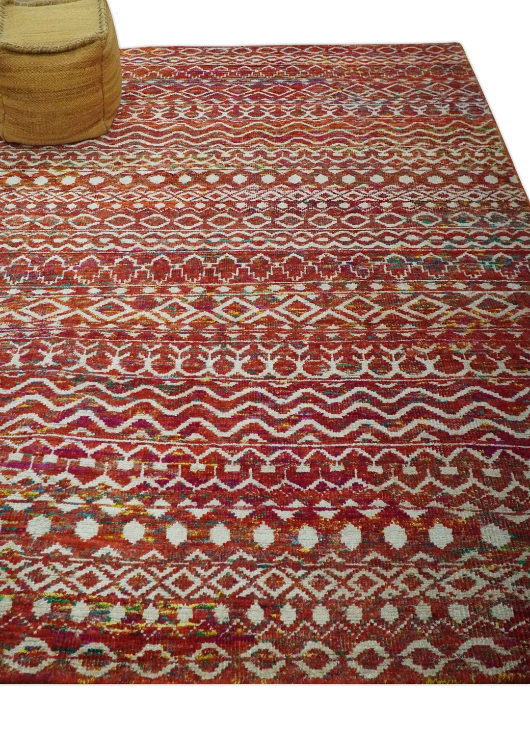 Hand Knotted Rust and Ivory Contemporary Southwestern Tribal Trellis Recycled Silk Rug - The Rug Decor