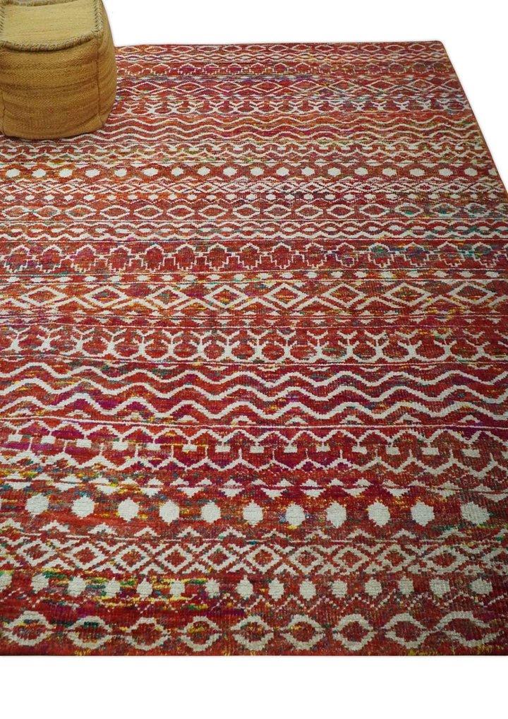 Hand Knotted Rust and Ivory Contemporary Southwestern Tribal Trellis Recycled Silk Rug - The Rug Decor
