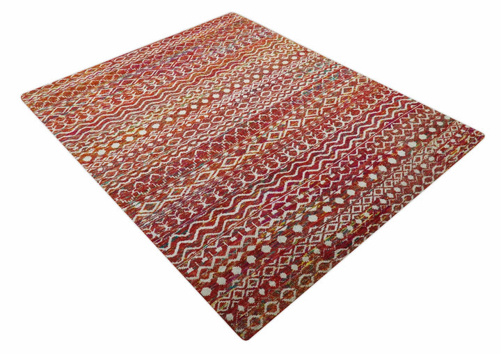 Hand Knotted Rust and Ivory Contemporary Southwestern Tribal Trellis Recycled Silk Rug - The Rug Decor