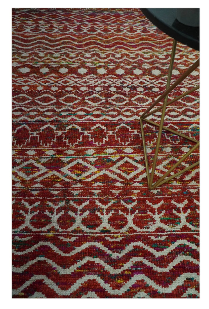 Hand Knotted Rust and Ivory Contemporary Southwestern Tribal Trellis Recycled Silk Rug - The Rug Decor