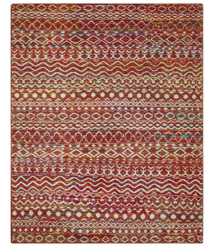 Hand Knotted Rust and Ivory Contemporary Southwestern Tribal Trellis Recycled Silk Rug - The Rug Decor