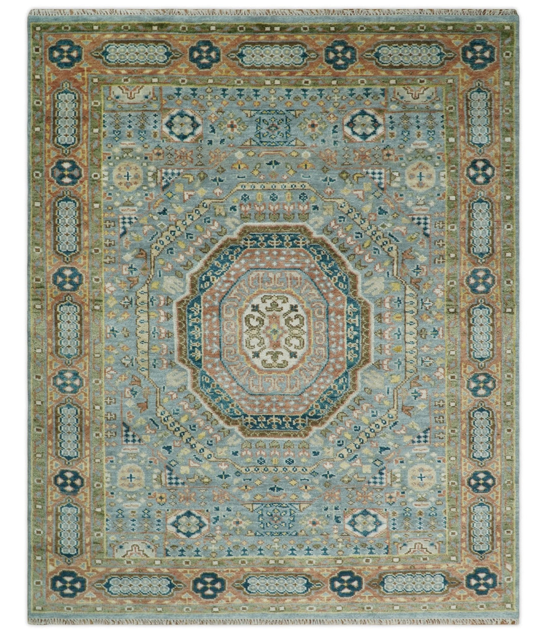 Hand Knotted traditional Kazak 8x10 Blue and Rust Traditional Armenian Rug | TRDCP134810 - The Rug Decor