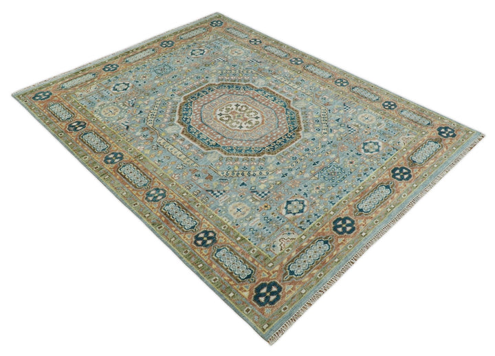 Hand Knotted traditional Kazak 8x10 Blue and Rust Traditional Armenian Rug | TRDCP134810 - The Rug Decor