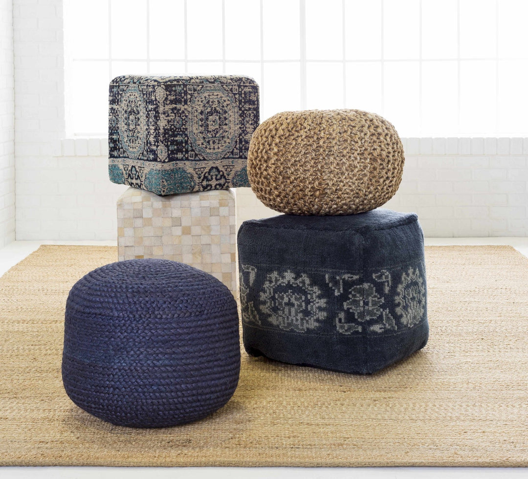 Hand Woven Blue Cylindrical Natural jute Pouf - The Rug Decor