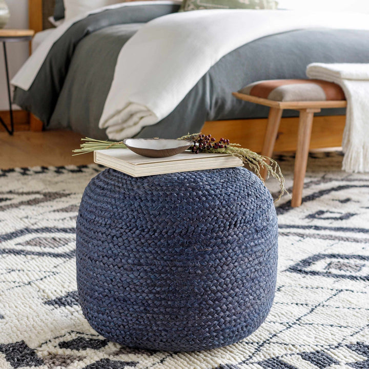 Hand Woven Blue Cylindrical Natural jute Pouf - The Rug Decor