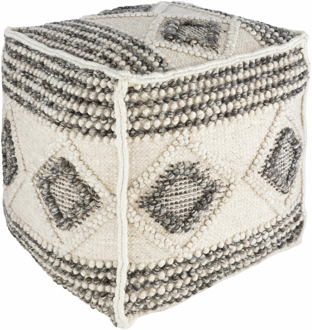Hand Woven Ivory and Charcoal Geometrical Stripes Tasseled Design Pouf - The Rug Decor