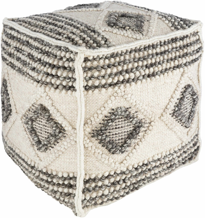 Hand Woven Ivory and Charcoal Geometrical Stripes Tasseled Design Pouf - The Rug Decor