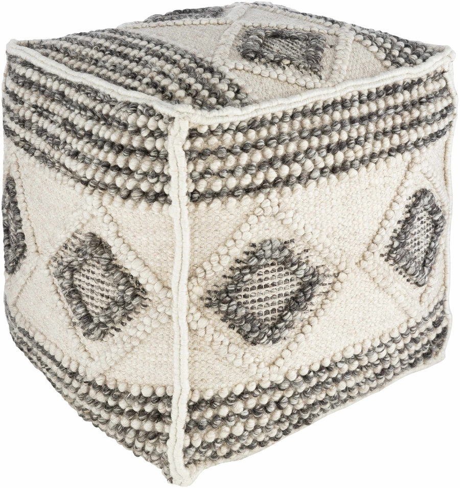 Hand Woven Ivory and Charcoal Geometrical Stripes Tasseled Design Pouf - The Rug Decor