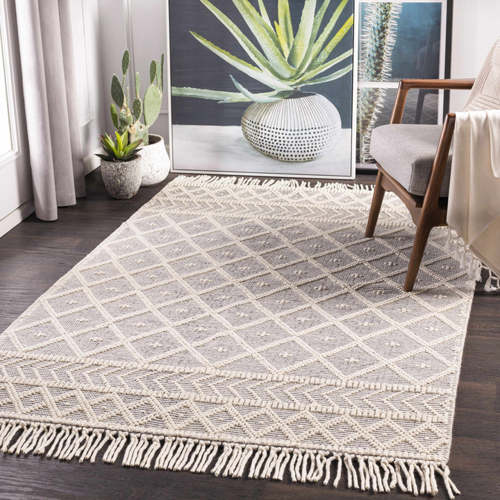 Hand Woven Ivory and Gray Modern Geometrical Tassel design Wool Area Rug - The Rug Decor