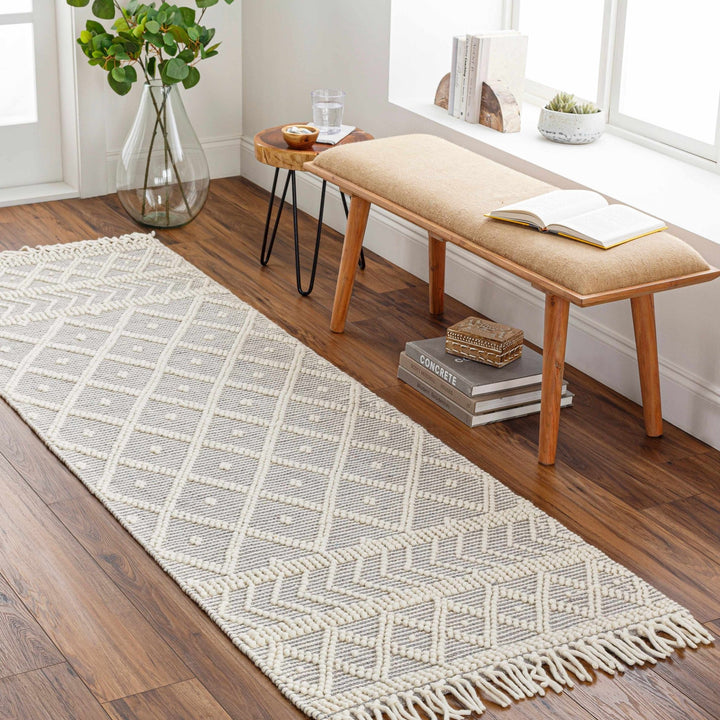 Hand Woven Ivory and Gray Modern Geometrical Tassel design Wool Area Rug - The Rug Decor