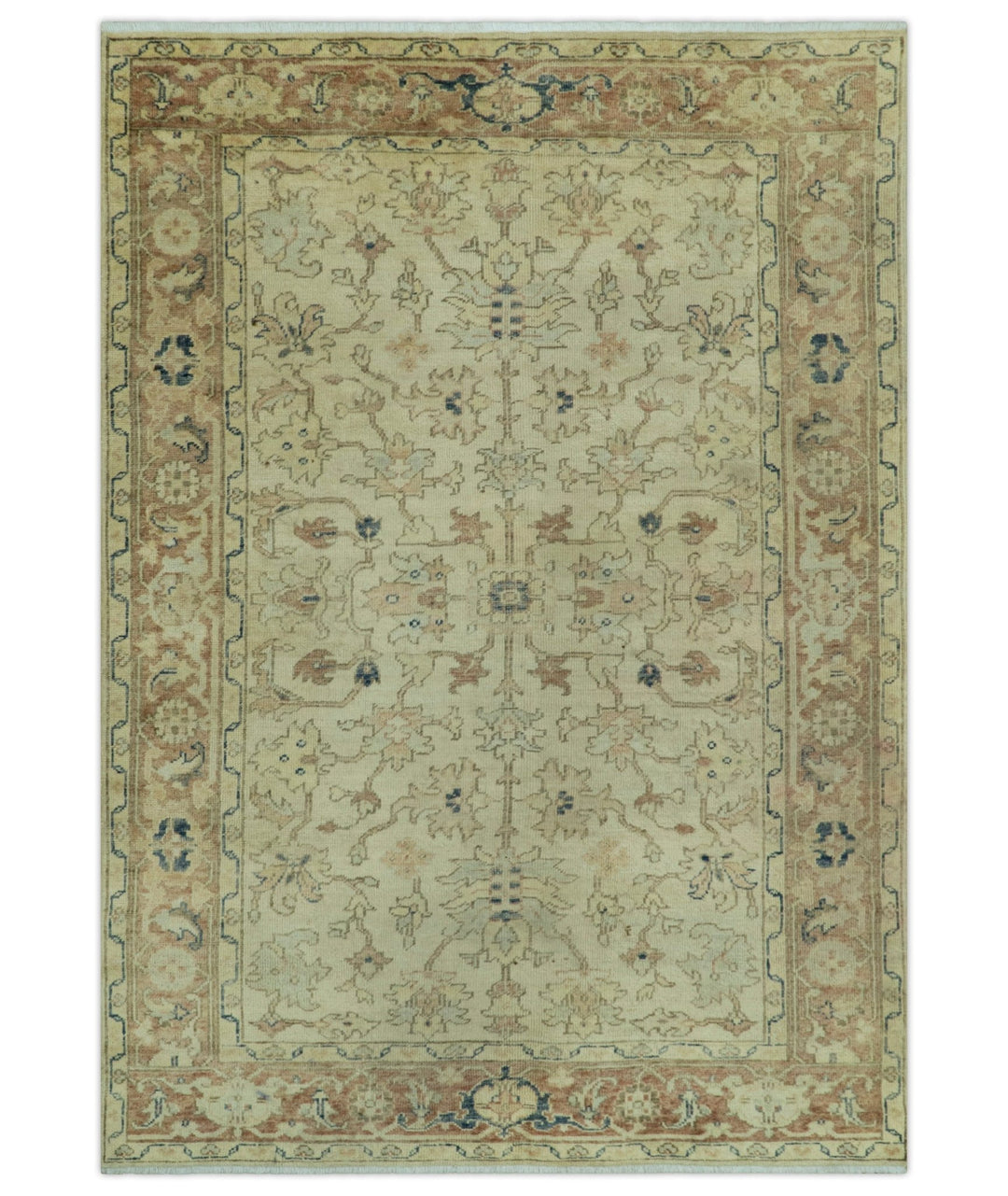 Heriz Traditional Design Beige And Blue 5.6x8 Hand Knotted Wool Area Rug - The Rug Decor