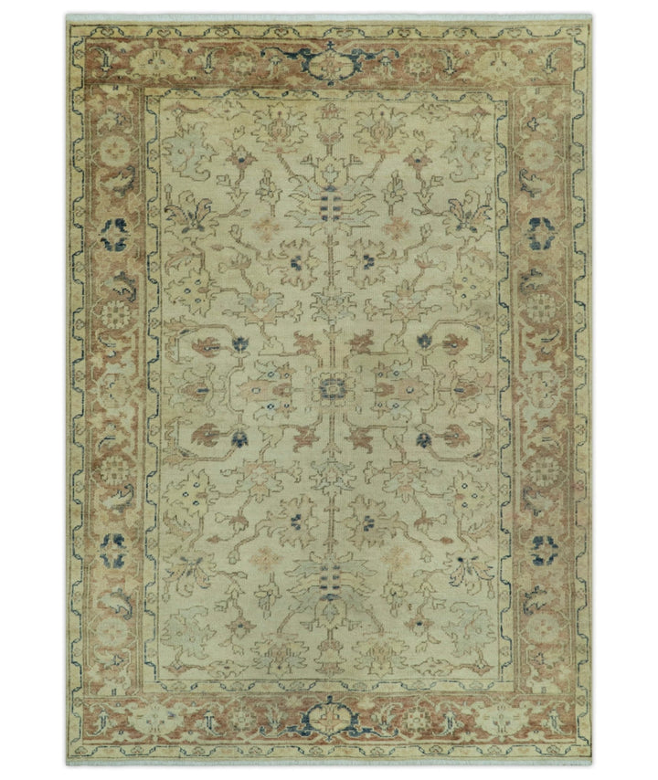 Heriz Traditional Design Beige And Blue 5.6x8 Hand Knotted Wool Area Rug - The Rug Decor