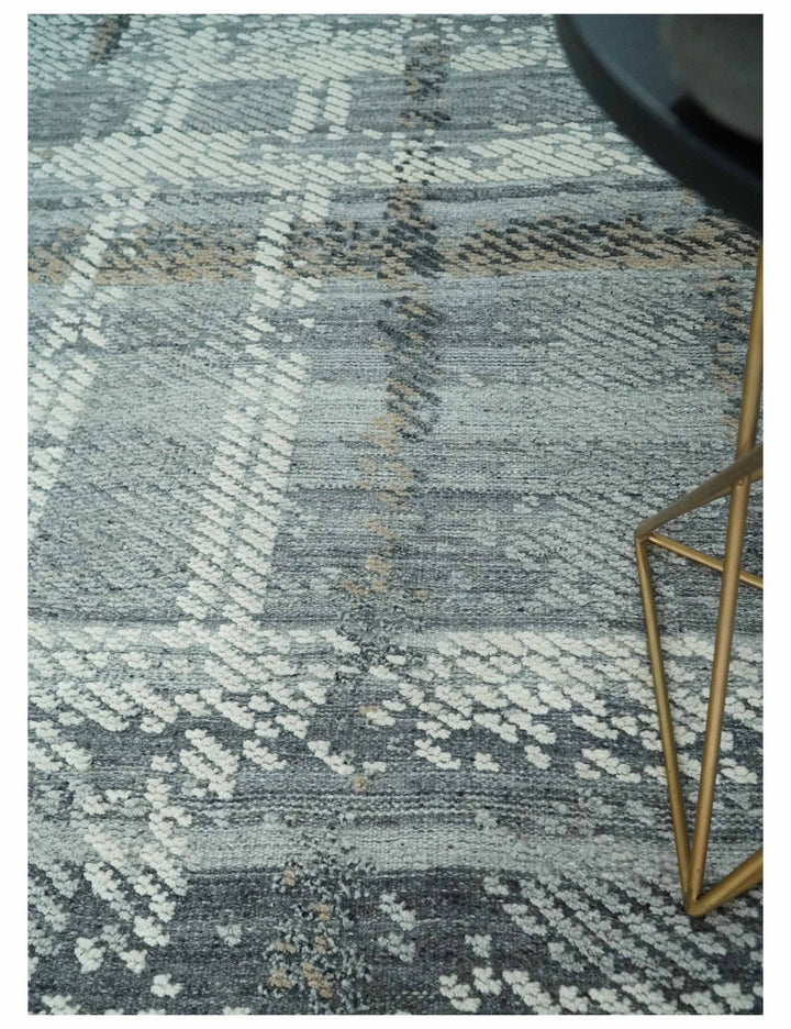 High - Low Ivory, Gray and Charcoal 8x10 hand knotted Contemporary wool Area rug - The Rug Decor