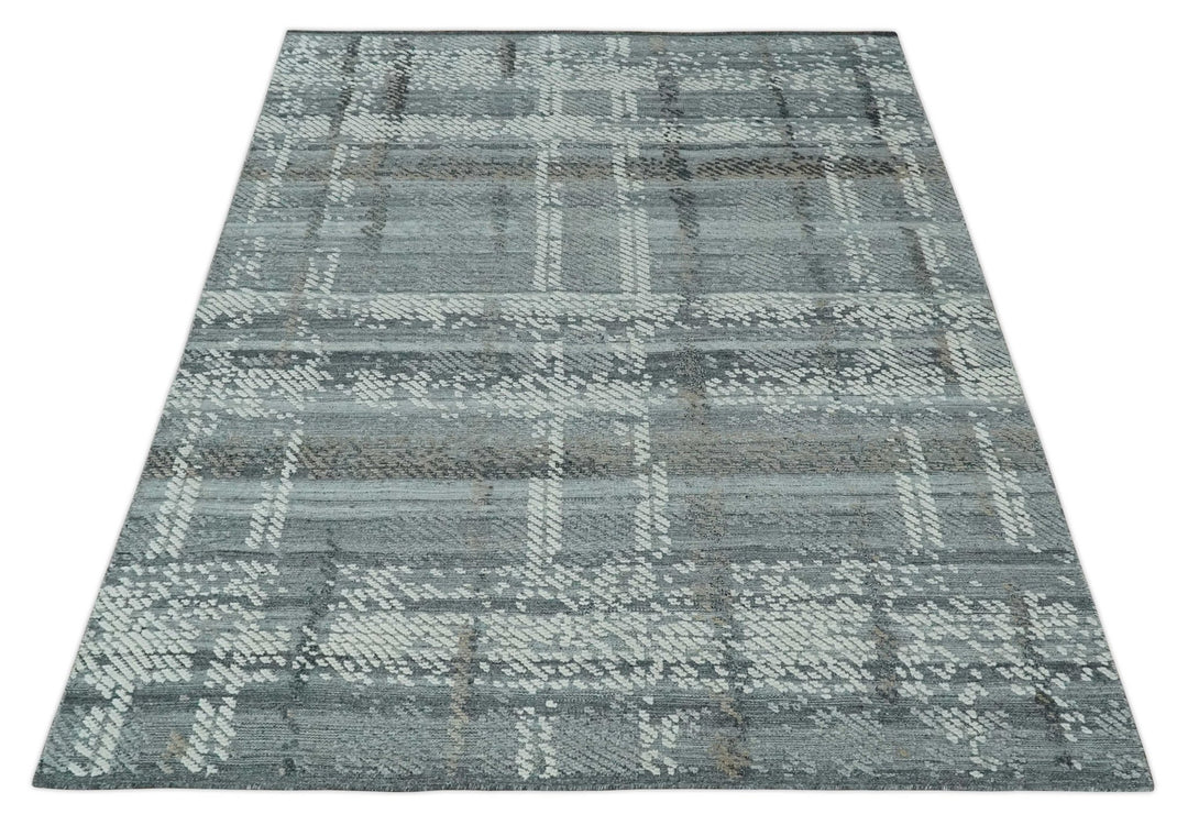 High - Low Ivory, Gray and Charcoal 8x10 hand knotted Contemporary wool Area rug - The Rug Decor