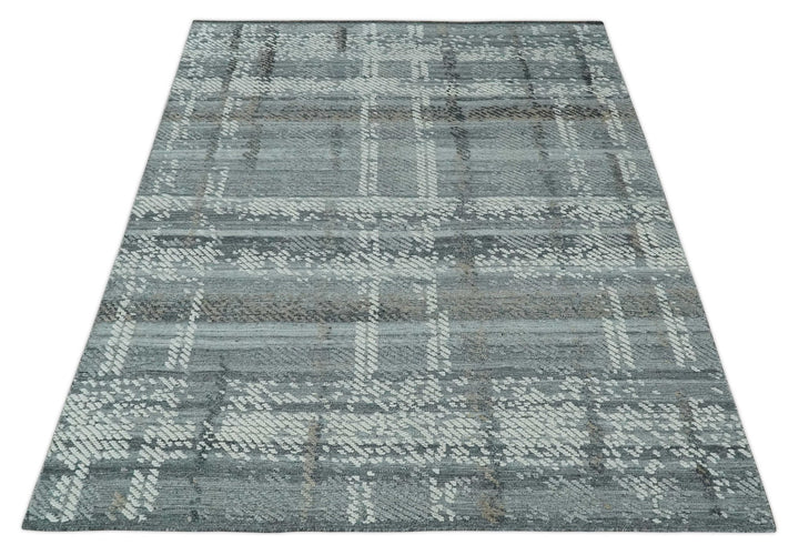 High - Low Ivory, Gray and Charcoal 8x10 hand knotted Contemporary wool Area rug - The Rug Decor
