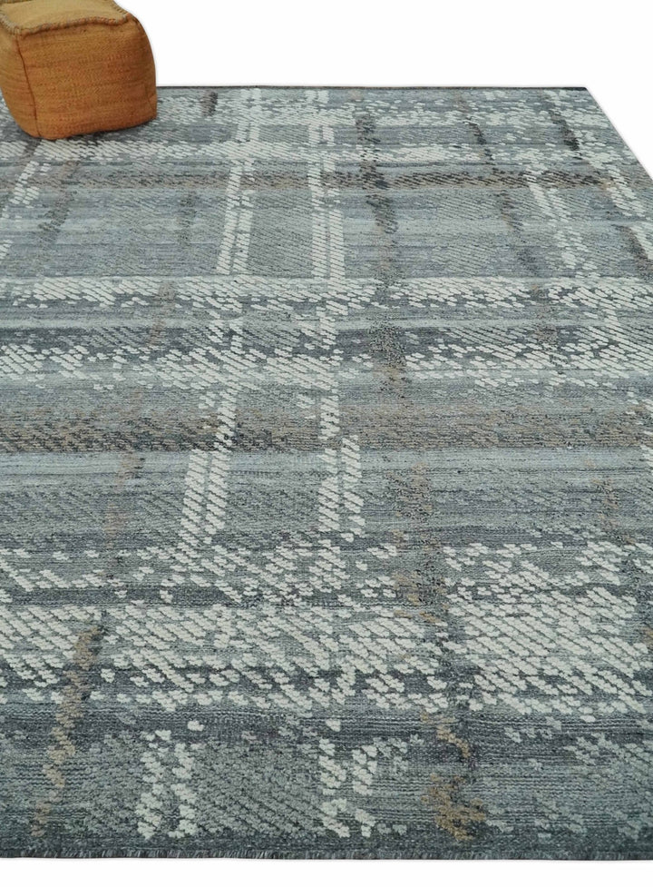 High - Low Ivory, Gray and Charcoal 8x10 hand knotted Contemporary wool Area rug - The Rug Decor