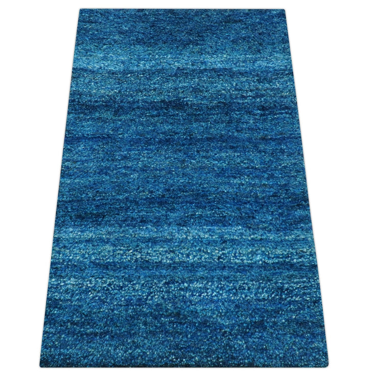 High Pile Blue Hand knotted Contemporary Custom Made Solid Afghan wool Area Rug - The Rug Decor