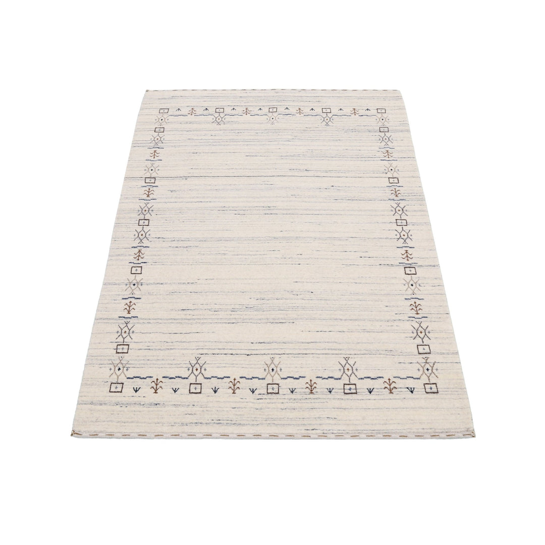 Ivory And Blue Tribal Border Design Hand Loomed Wool Area Rug - The Rug Decor