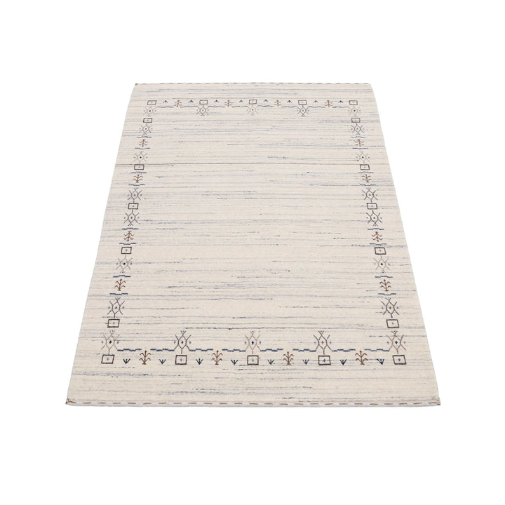 Ivory And Blue Tribal Border Design Hand Loomed Wool Area Rug - The Rug Decor