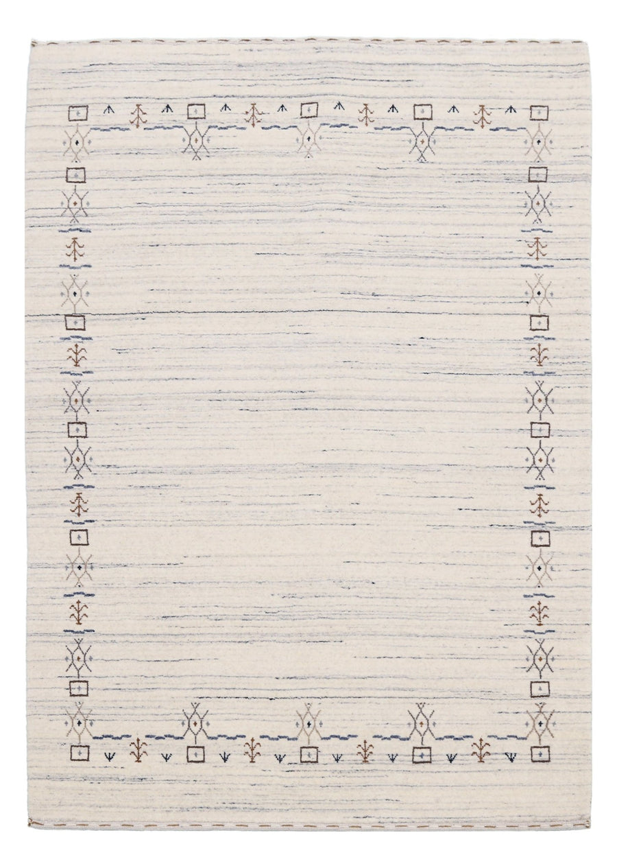 Ivory And Blue Tribal Border Design Hand Loomed Wool Area Rug - The Rug Decor