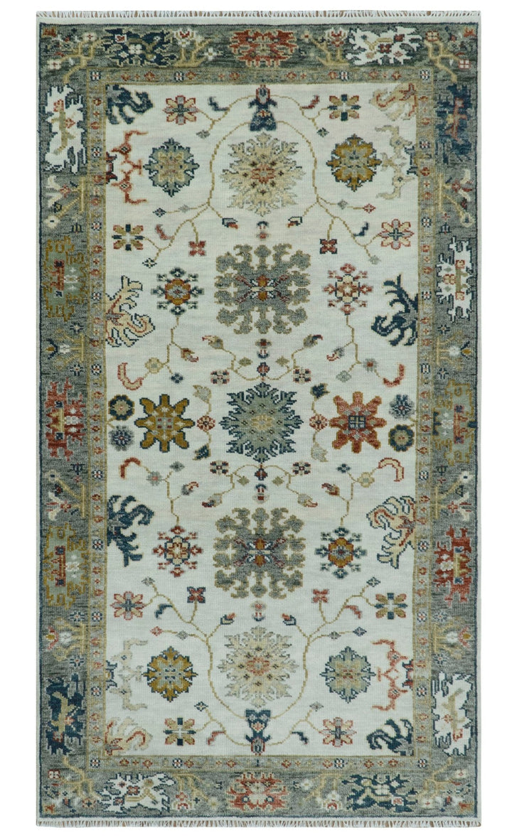 Ivory and Gray Floral Oushak Hand Knotted Custom Made Wool Area Rug - The Rug Decor