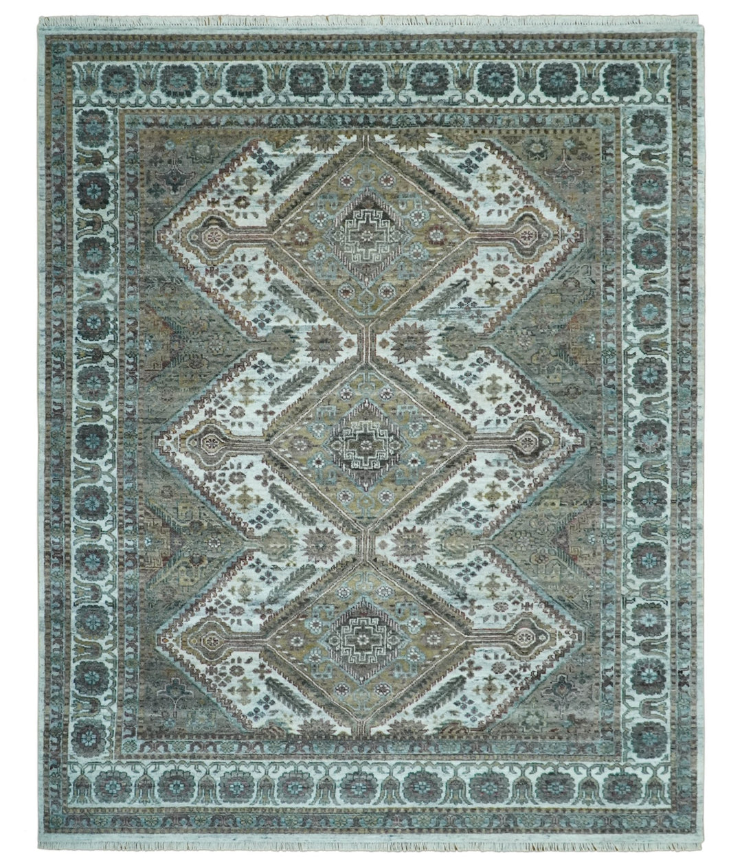 Ivory and Olive 8x10 Hand Knotted Traditional Design wool area rug - The Rug Decor