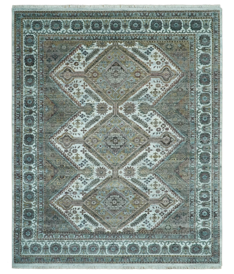 Ivory and Olive 8x10 Hand Knotted Traditional Design wool area rug - The Rug Decor