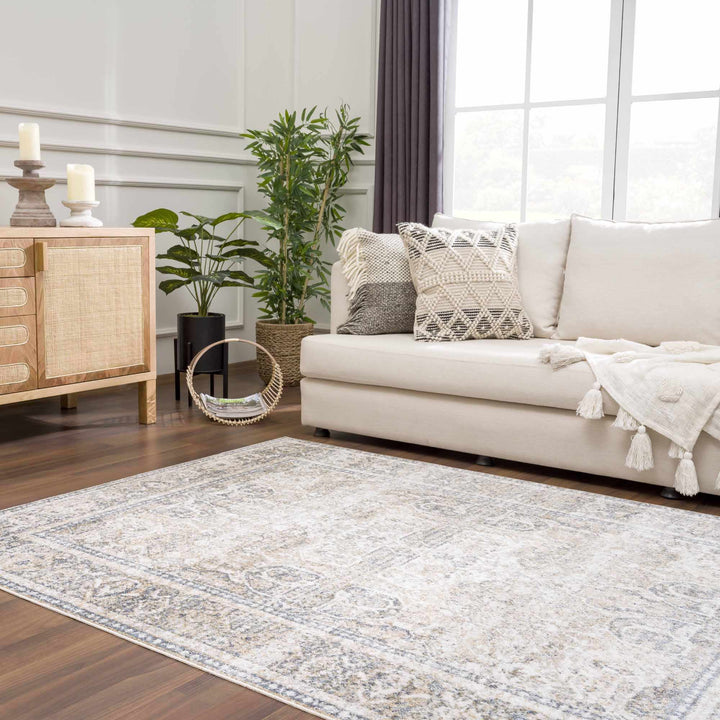 Ivory, Beige and Charcoal Vintage Style Traditional Oriental design Washable Area Rug - The Rug Decor