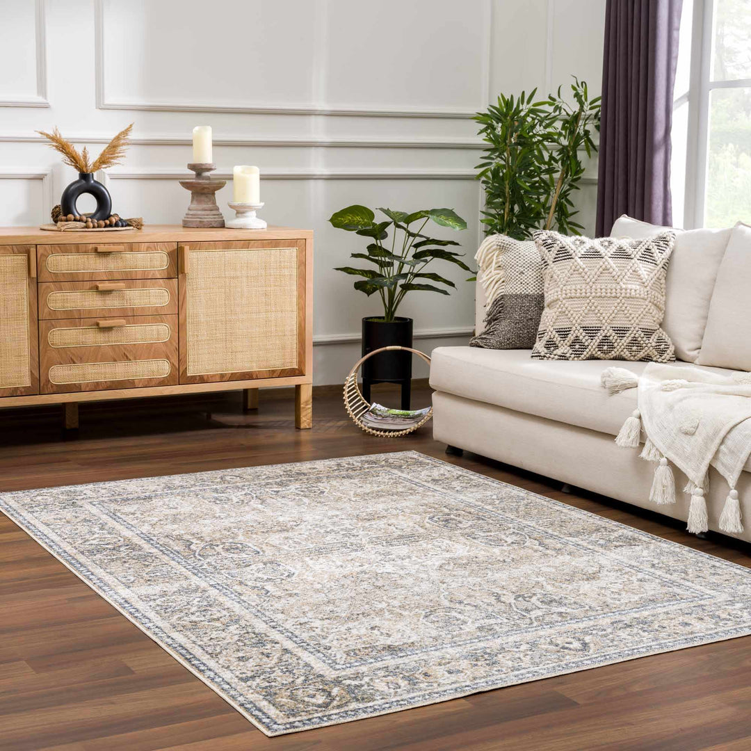 Ivory, Beige and Charcoal Vintage Style Traditional Oriental design Washable Area Rug - The Rug Decor