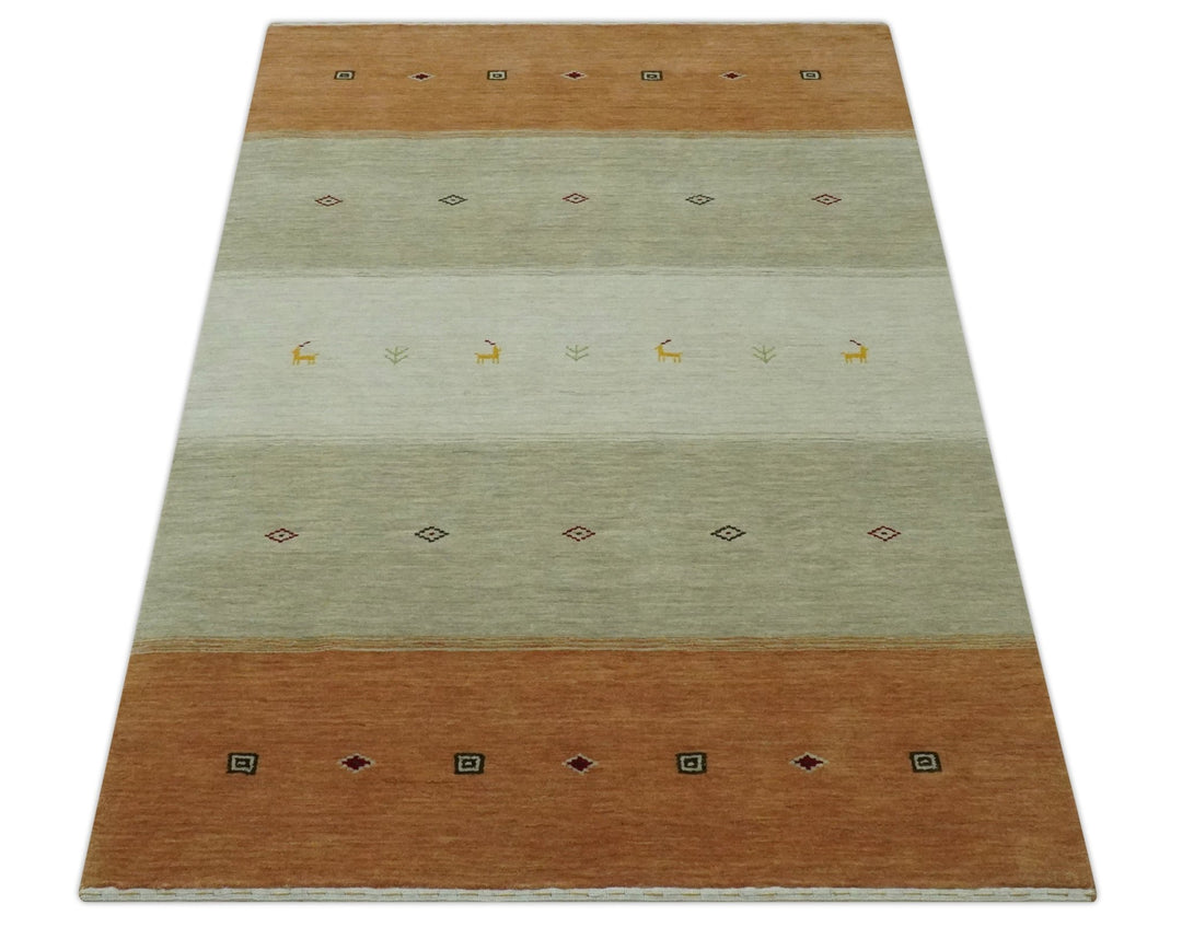 Ivory, Beige and Rust Geometrical stripes Design Hand loom 4.6x6.6 wool Area Rug - The Rug Decor