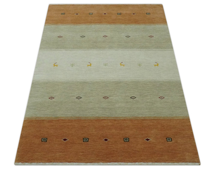 Ivory, Beige and Rust Geometrical stripes Design Hand loom 4.6x6.6 wool Area Rug - The Rug Decor