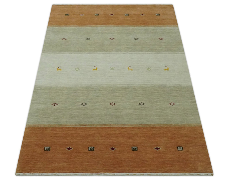 Ivory, Beige and Rust Geometrical stripes Design Hand loom 4.6x6.6 wool Area Rug - The Rug Decor