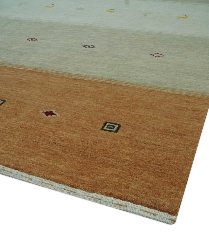 Ivory, Beige and Rust Geometrical stripes Design Hand loom 4.6x6.6 wool Area Rug - The Rug Decor