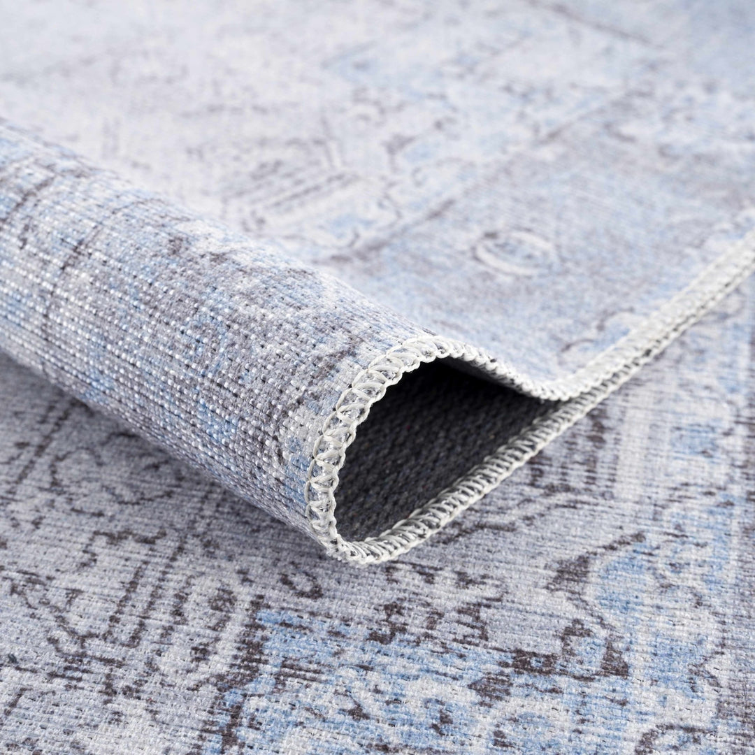 Ivory, Blue and Charcoal Traditional Medallion Design Washable Area Rug - The Rug Decor