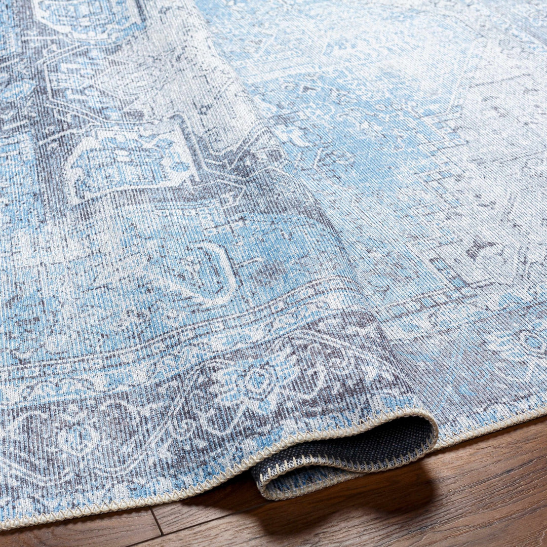 Ivory, Blue and Charcoal Traditional Medallion Design Washable Area Rug - The Rug Decor