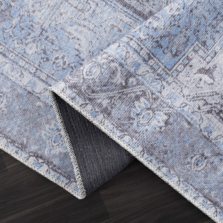 Ivory, Blue and Charcoal Traditional Medallion Design Washable Area Rug - The Rug Decor